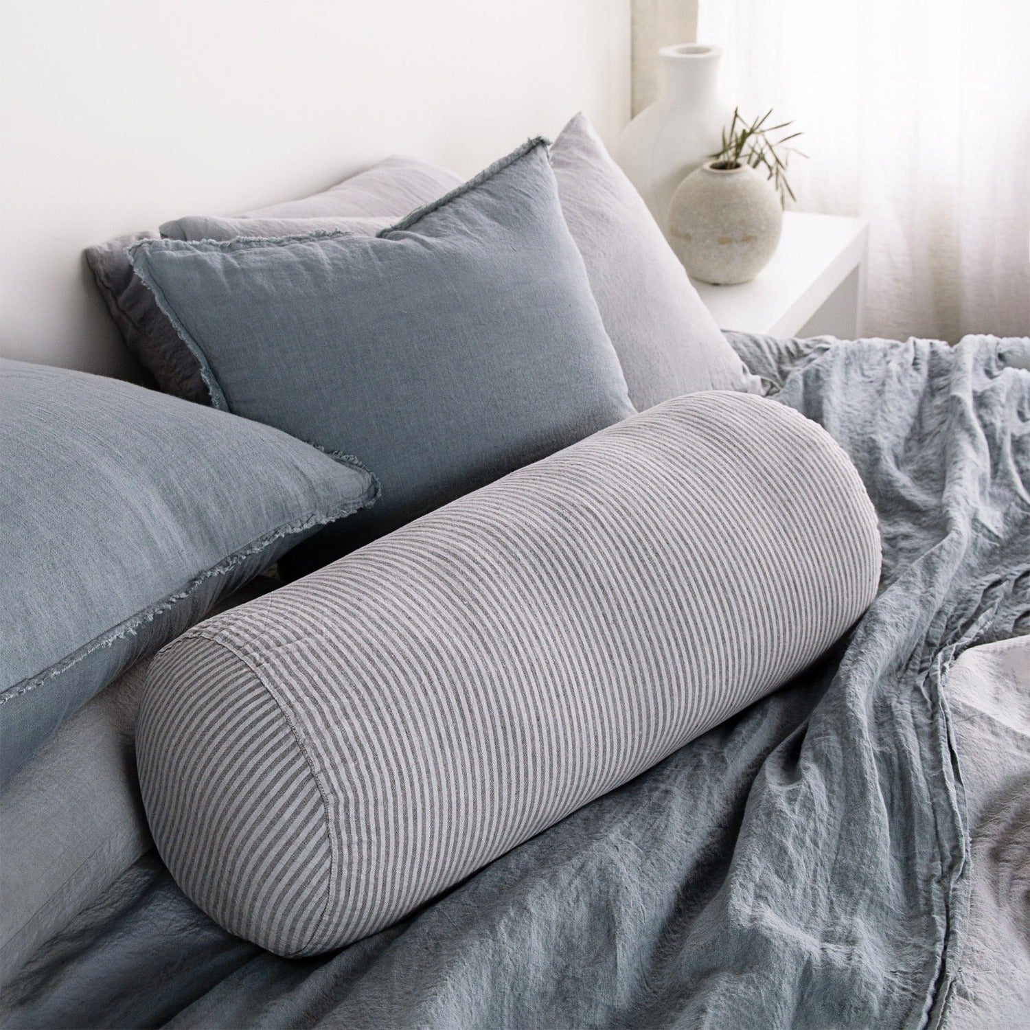 Linen Bolster Pillow | Grey Stripe | Hale Mercantile Co.